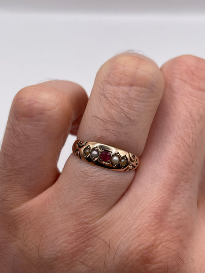 Antique 9ct rose gold ruby and pearl ring