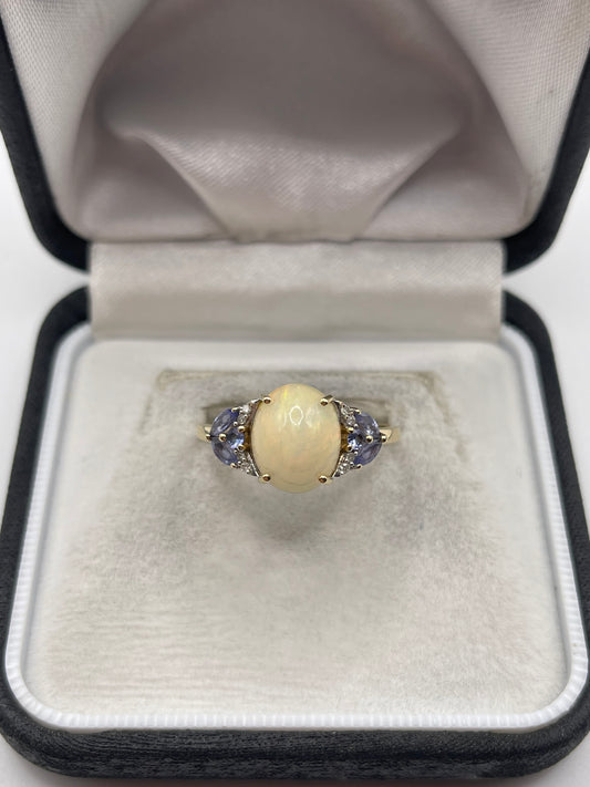 9ct gold opal, tanzanite and diamond ring
