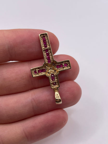 9ct gold ruby and diamond cross pendant