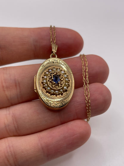 9ct gold sapphire and pearl locket necklace