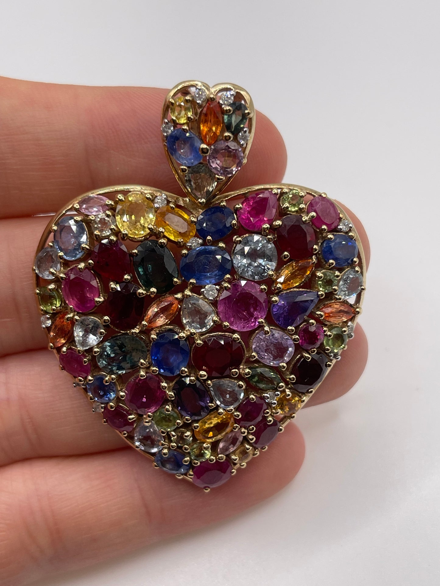 Huge 9ct gold multi coloured sapphire heart pendant