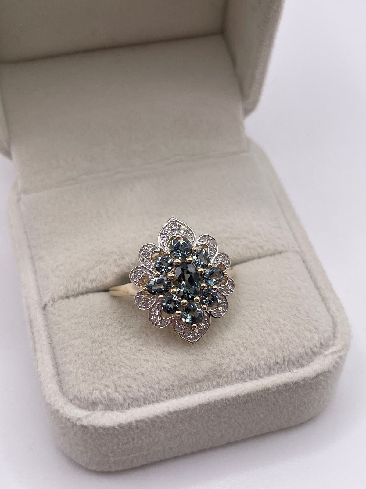 9ct gold colour change sapphire and zircon ring