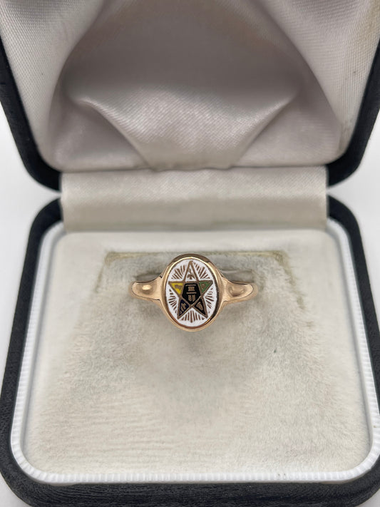 Antique 9ct rose gold enamel Masonic ring