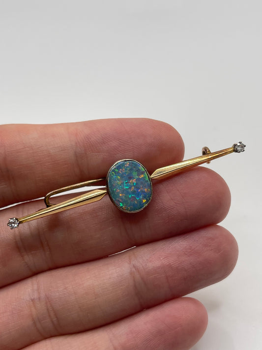 Antique 9ct gold opal and diamond brooch