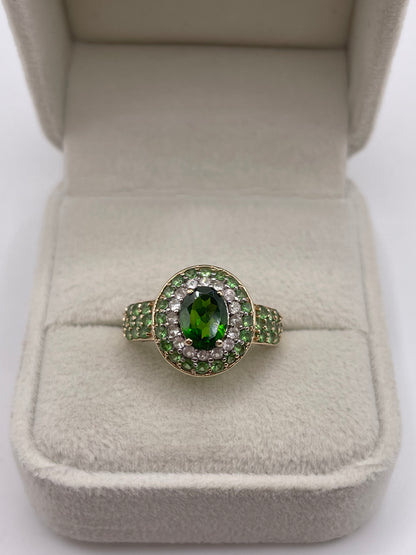 9ct gold diopside, tsavorite garnet and zircon ring