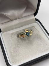 Load image into Gallery viewer, 9ct gold blue topaz claddagh ring
