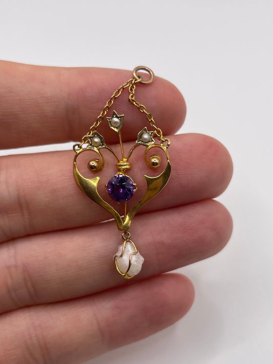 Antique 9ct gold amethyst and pearl pendant