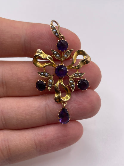Antique 15ct gold amethyst and pearl pendant