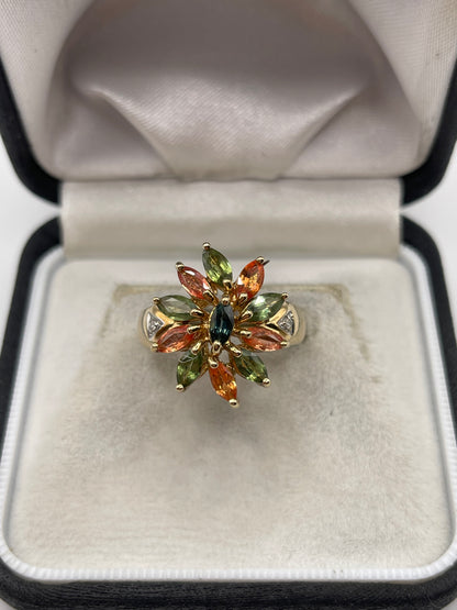 9ct gold multi coloured sapphire and diamond ring