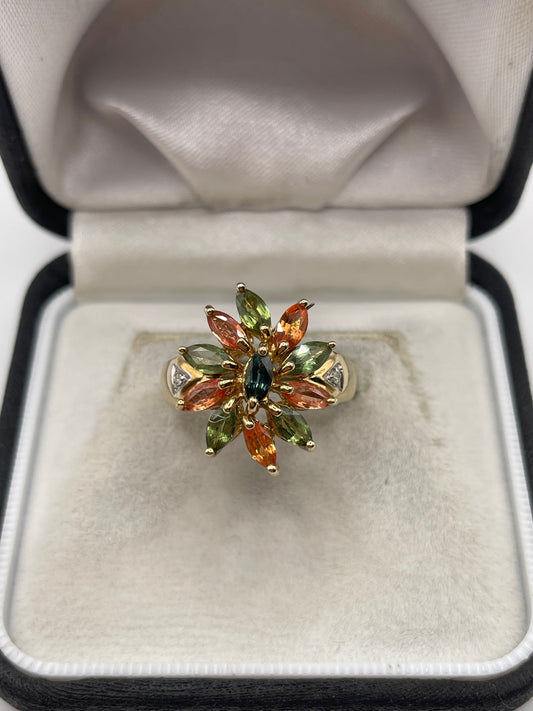 9ct gold multi coloured sapphire and diamond ring
