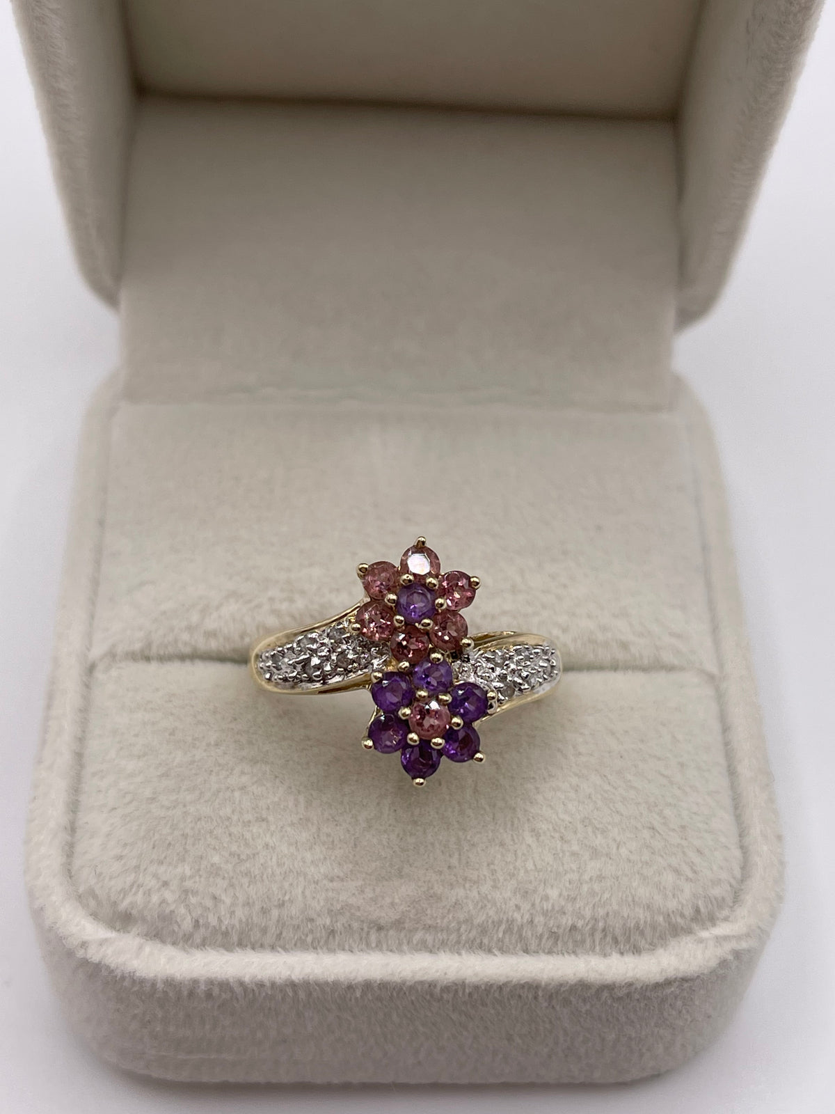 9ct gold amethyst, pink topaz and diamond ring