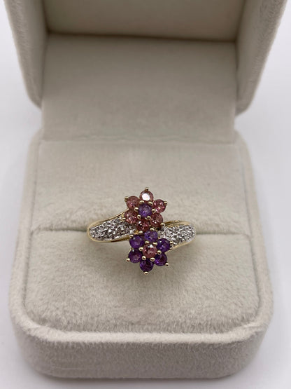 9ct gold amethyst, pink topaz and diamond ring