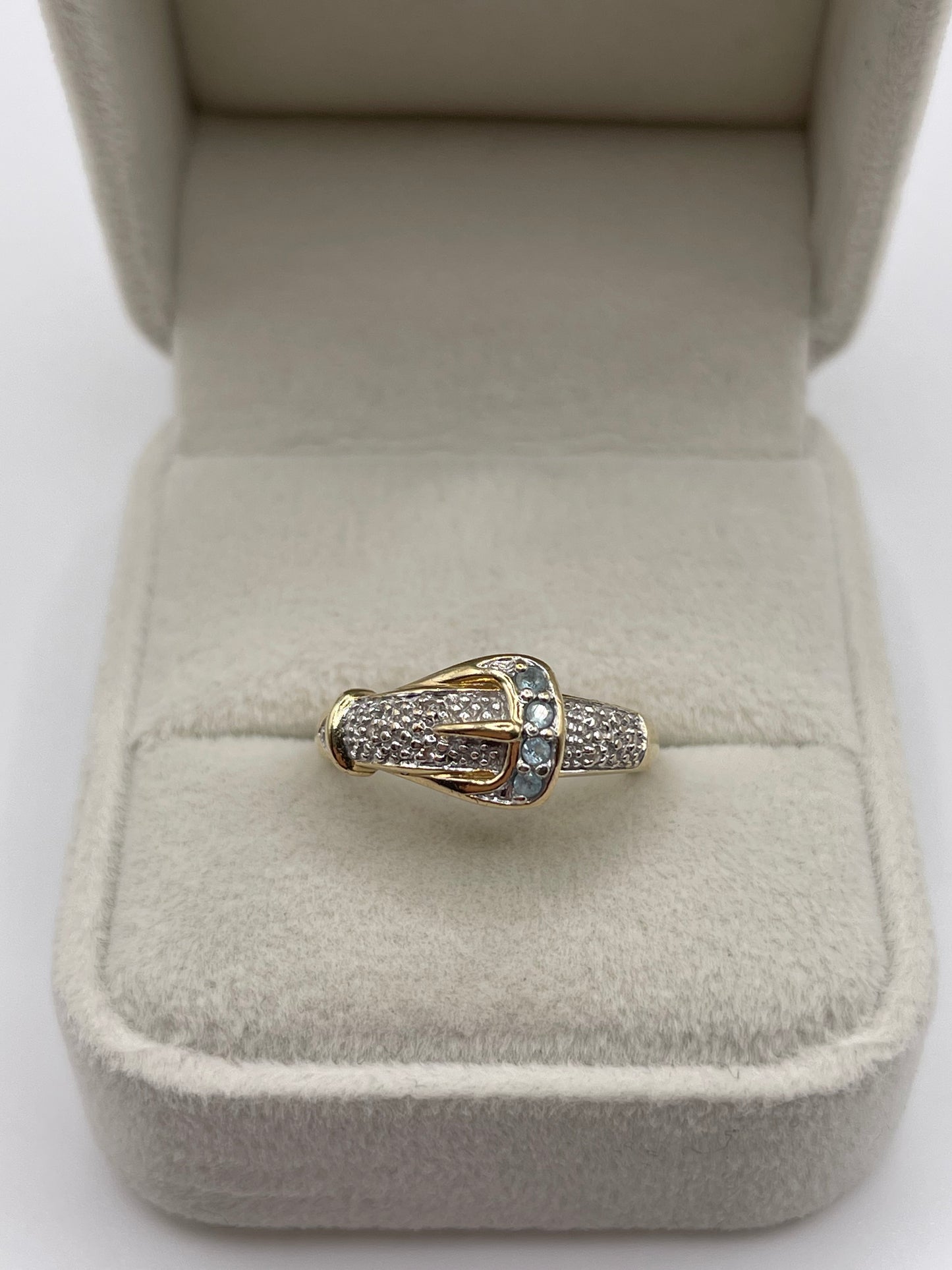 9ct gold topaz and diamond buckle ring
