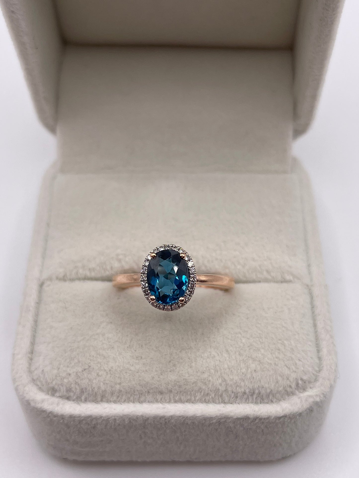 9ct rose gold blue topaz and diamond ring