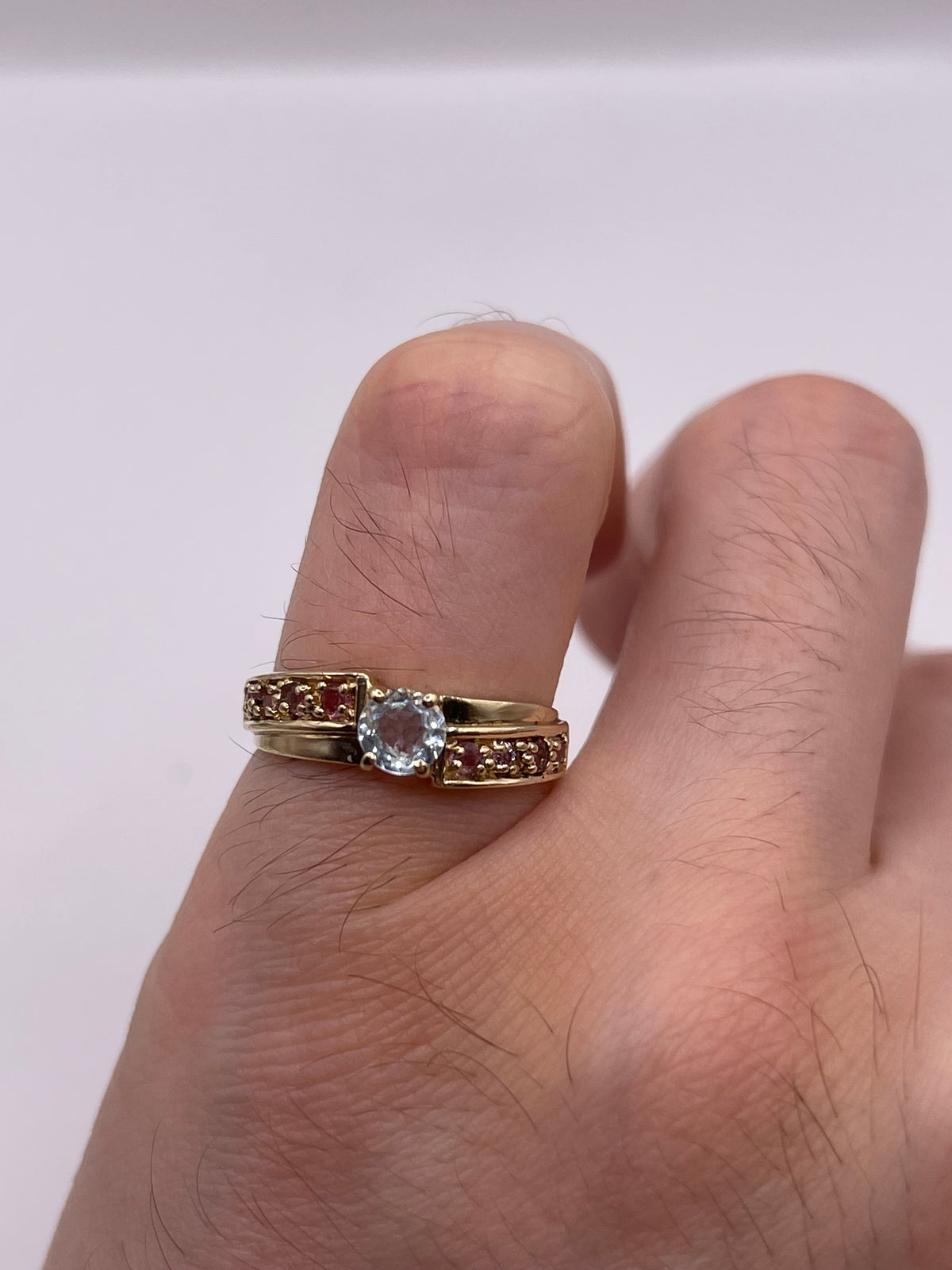 9ct gold aquamarine and pink sapphire ring