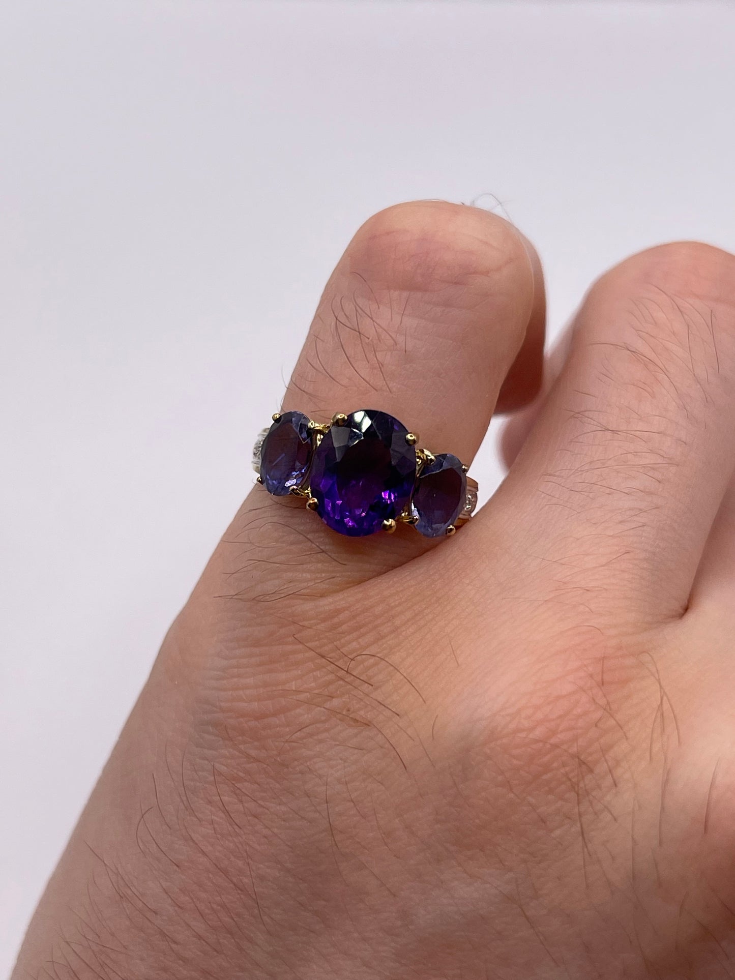 9ct gold amethyst, iolite and diamond ring