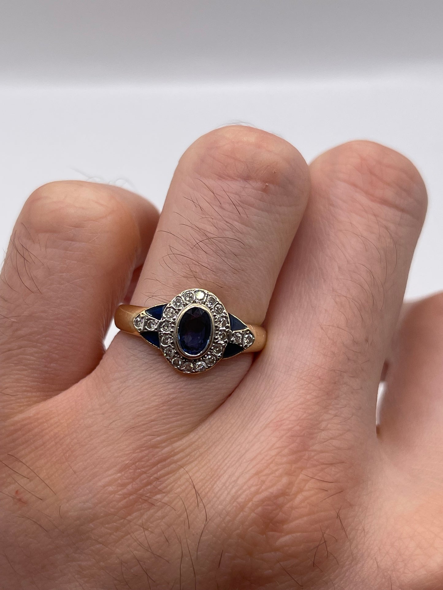 14ct gold enamel, sapphire and diamond ring