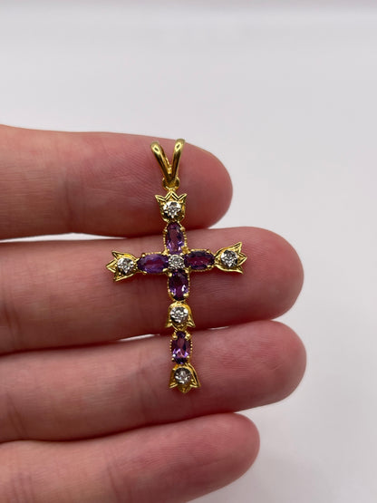 9ct gold amethyst and diamond cross pendant