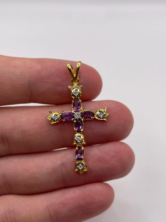 9ct gold amethyst and diamond cross pendant