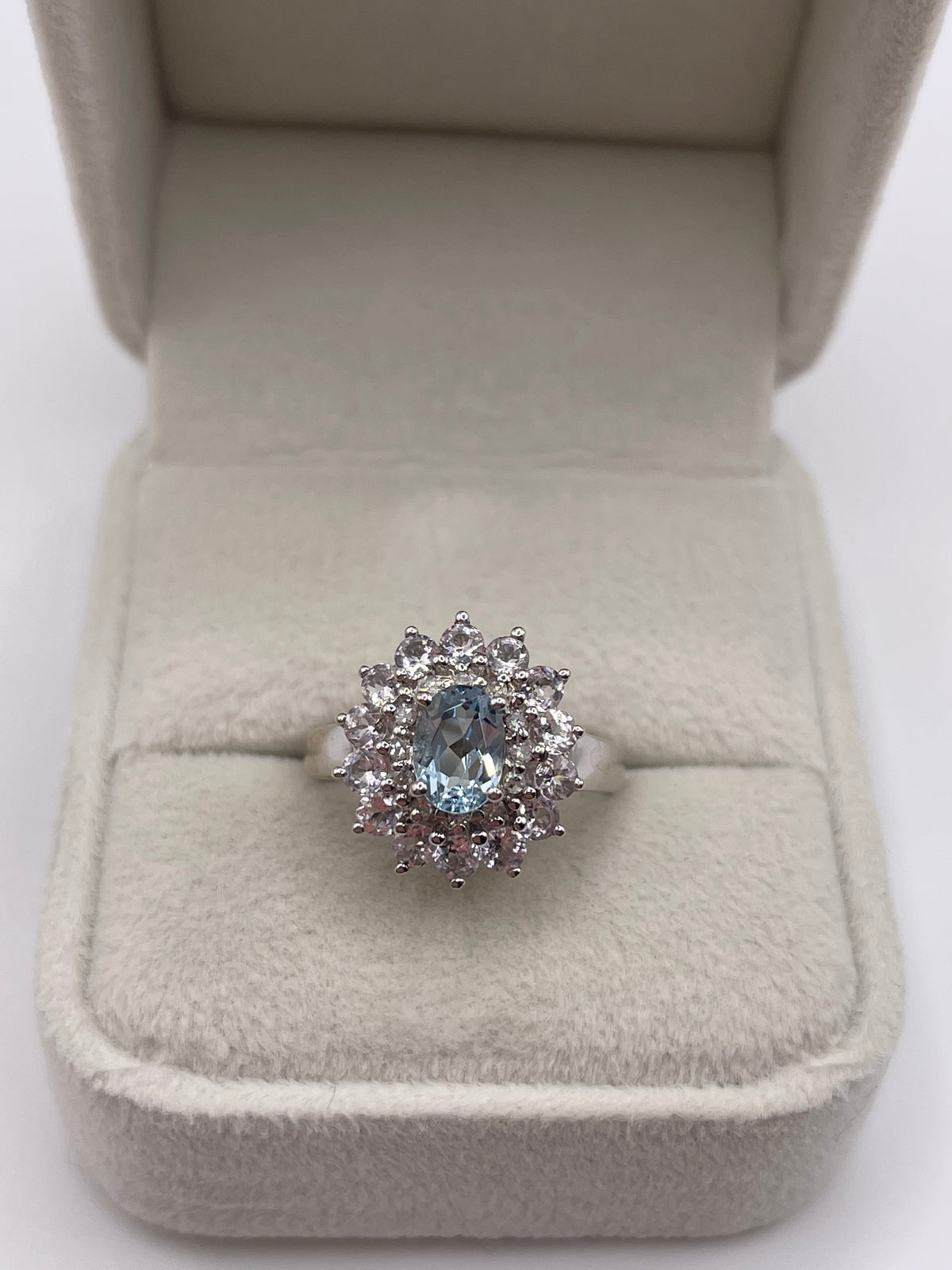 9ct white gold topaz, kunzite and diamond ring