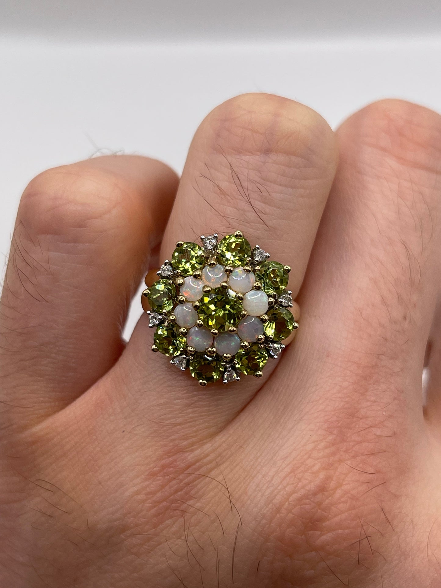 9ct gold peridot, opal and diamond ring