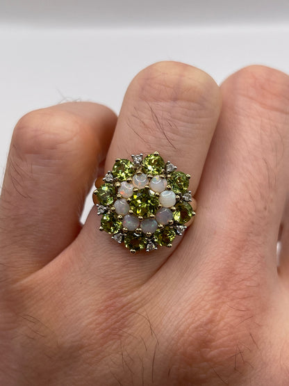 9ct gold peridot, opal and diamond ring