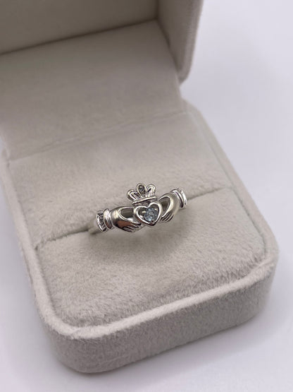 9ct white gold aquamarine and diamond claddagh ring