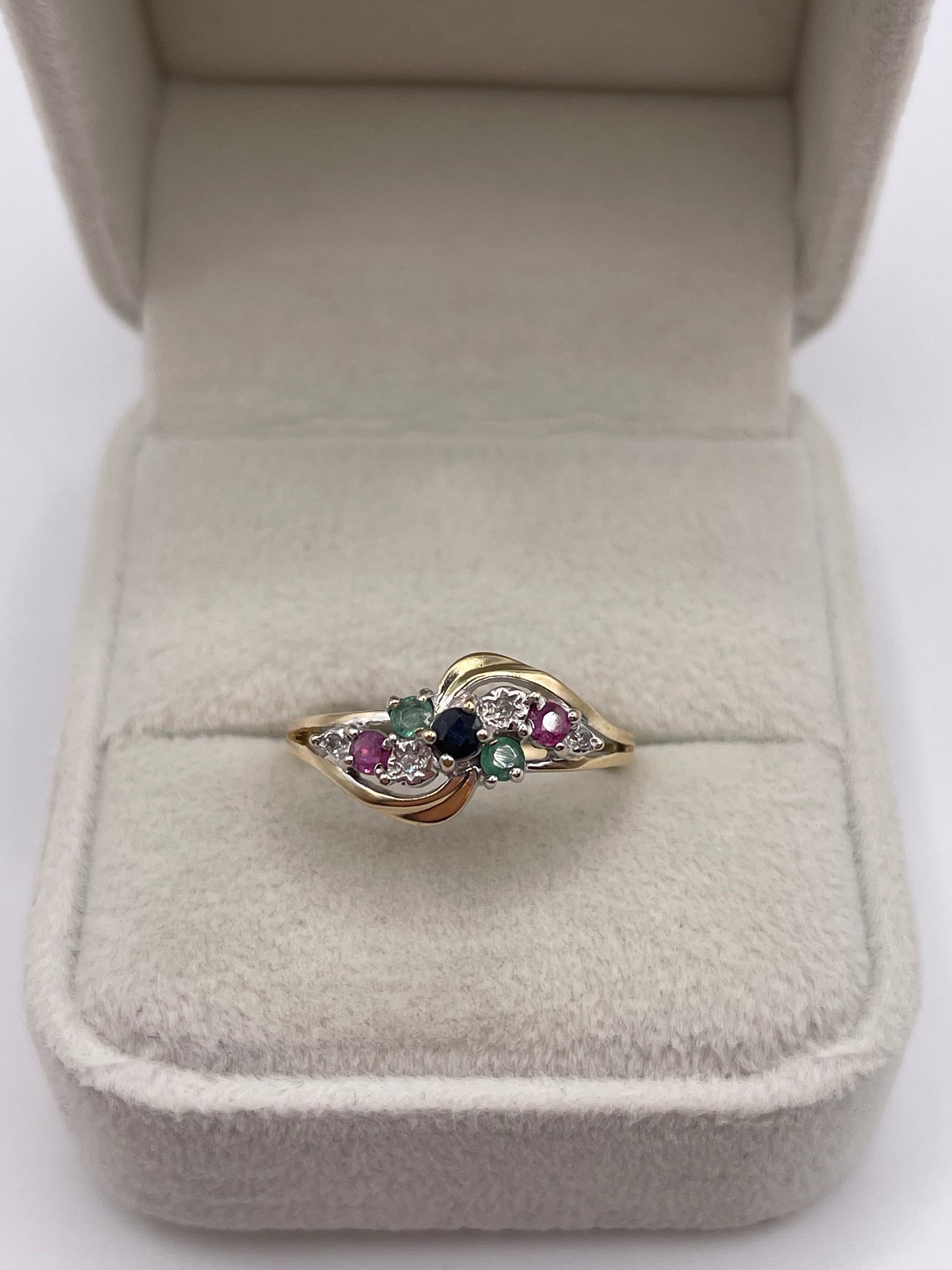 9ct gold sapphire, ruby, emerald and diamond ring