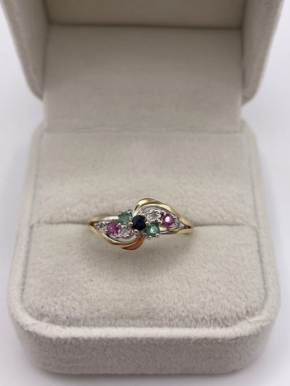 9ct gold sapphire, ruby, emerald and diamond ring