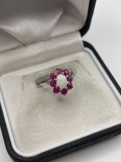 9ct white gold opal and ruby ring