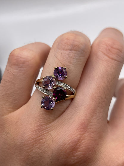9ct gold garnet, amethyst and diamond ring