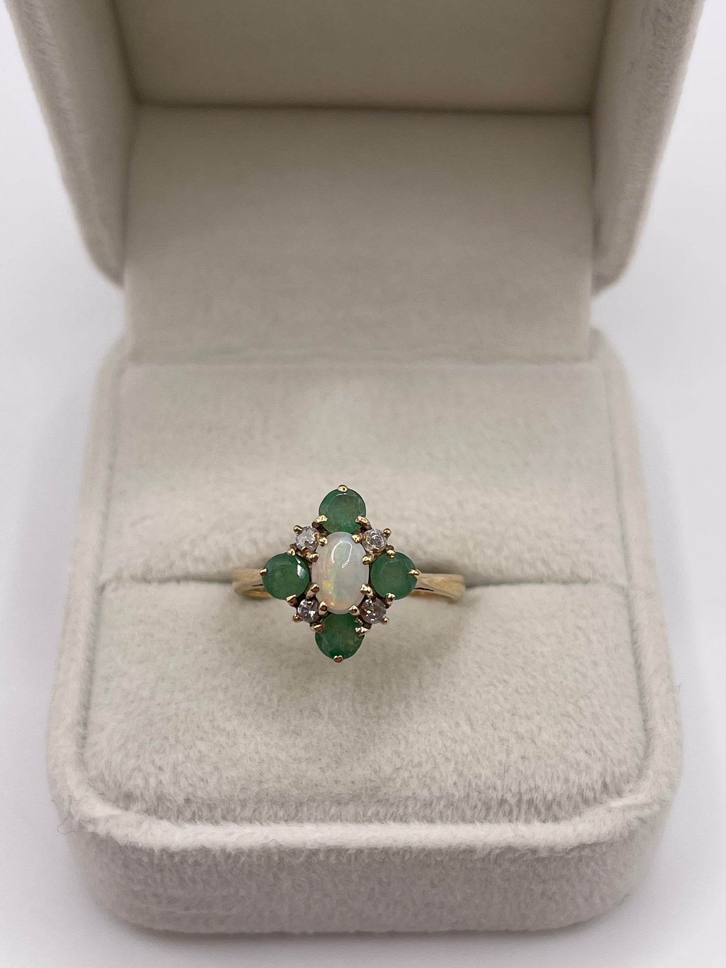 9ct gold opal, emerald and diamond ring