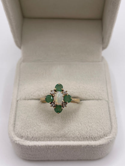 9ct gold opal, emerald and diamond ring