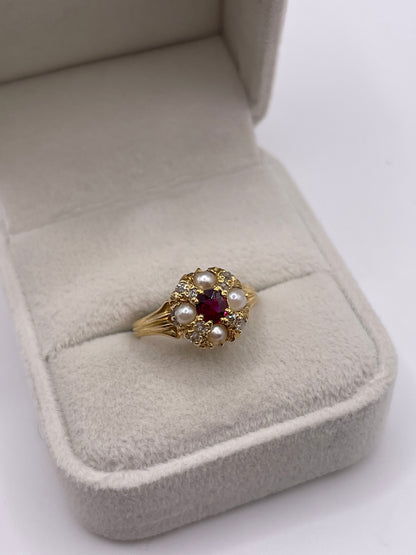 Antique 18ct gold ruby, pearl and diamond ring