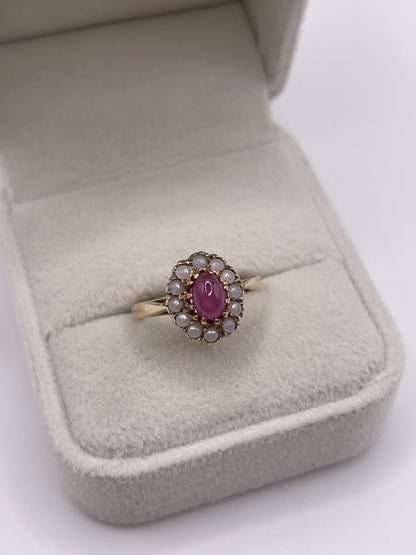 9ct gold cabochon ruby and pearl ring