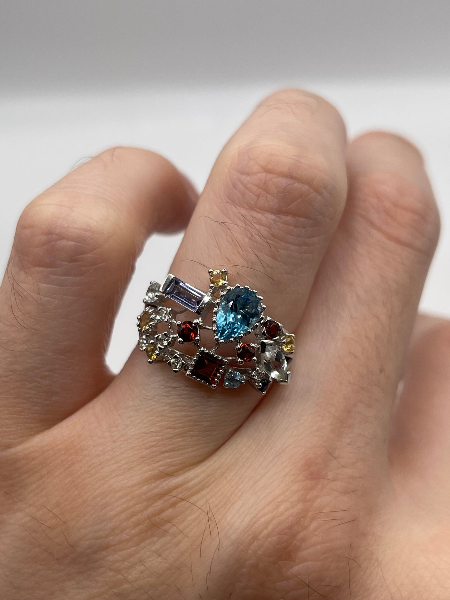 14ct white gold multi gemstone and diamond ring
