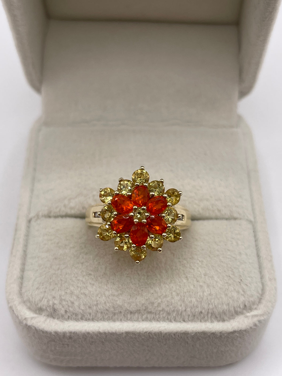 9ct gold fire opal, quartz and diamond ring
