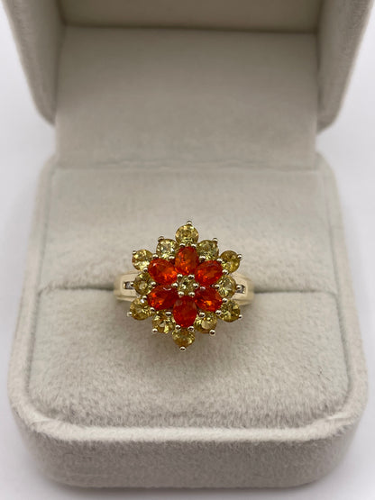 9ct gold fire opal, quartz and diamond ring