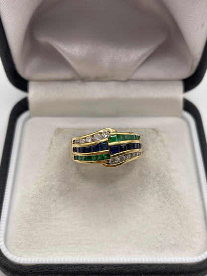 18ct gold emerald, sapphire and diamond ring