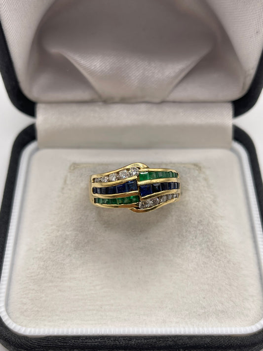 18ct gold emerald, sapphire and diamond ring