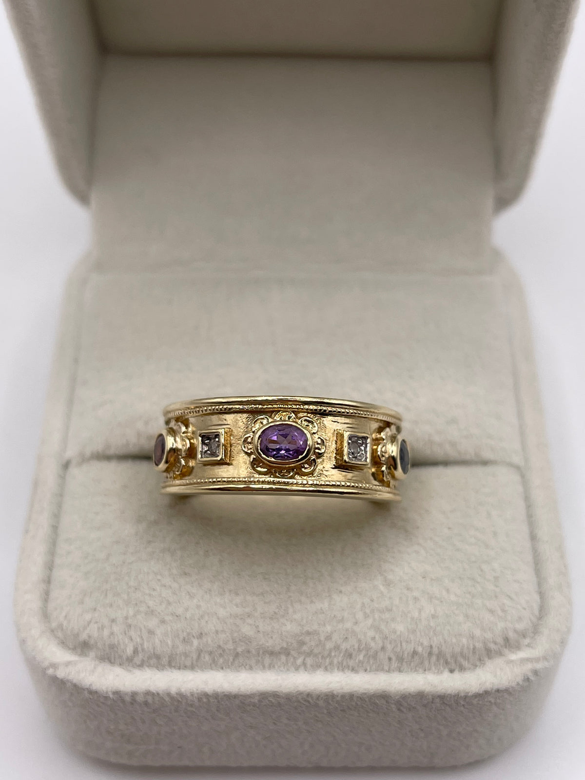9ct gold amethyst, garnet, sapphire and diamond ring