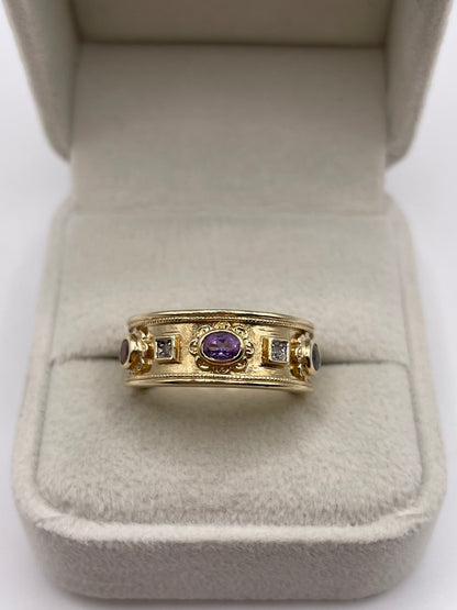 9ct gold amethyst, garnet, sapphire and diamond ring