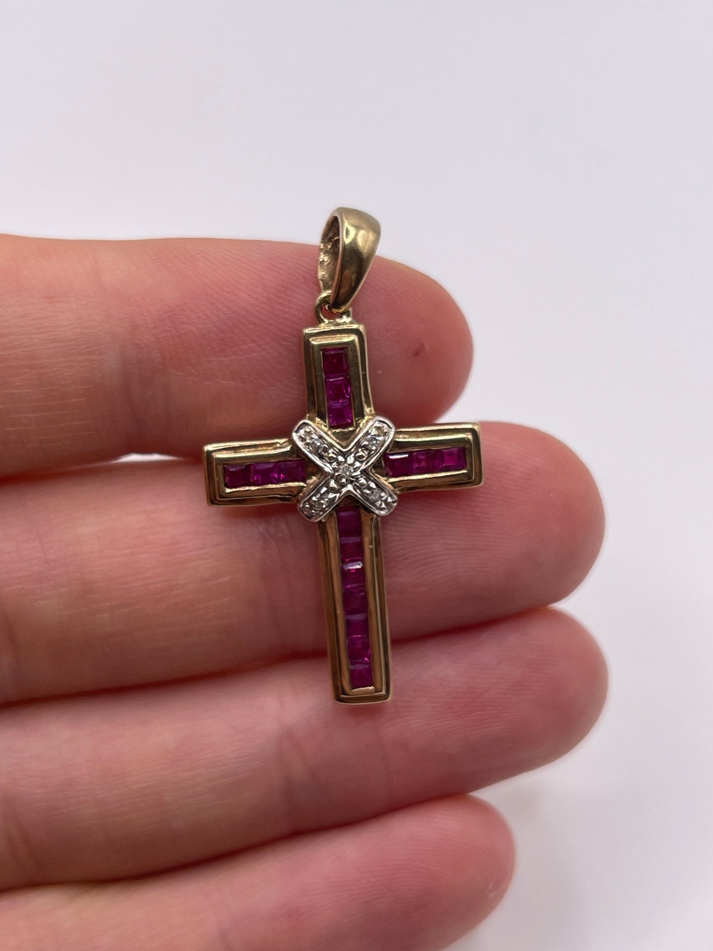9ct gold ruby and diamond cross pendant