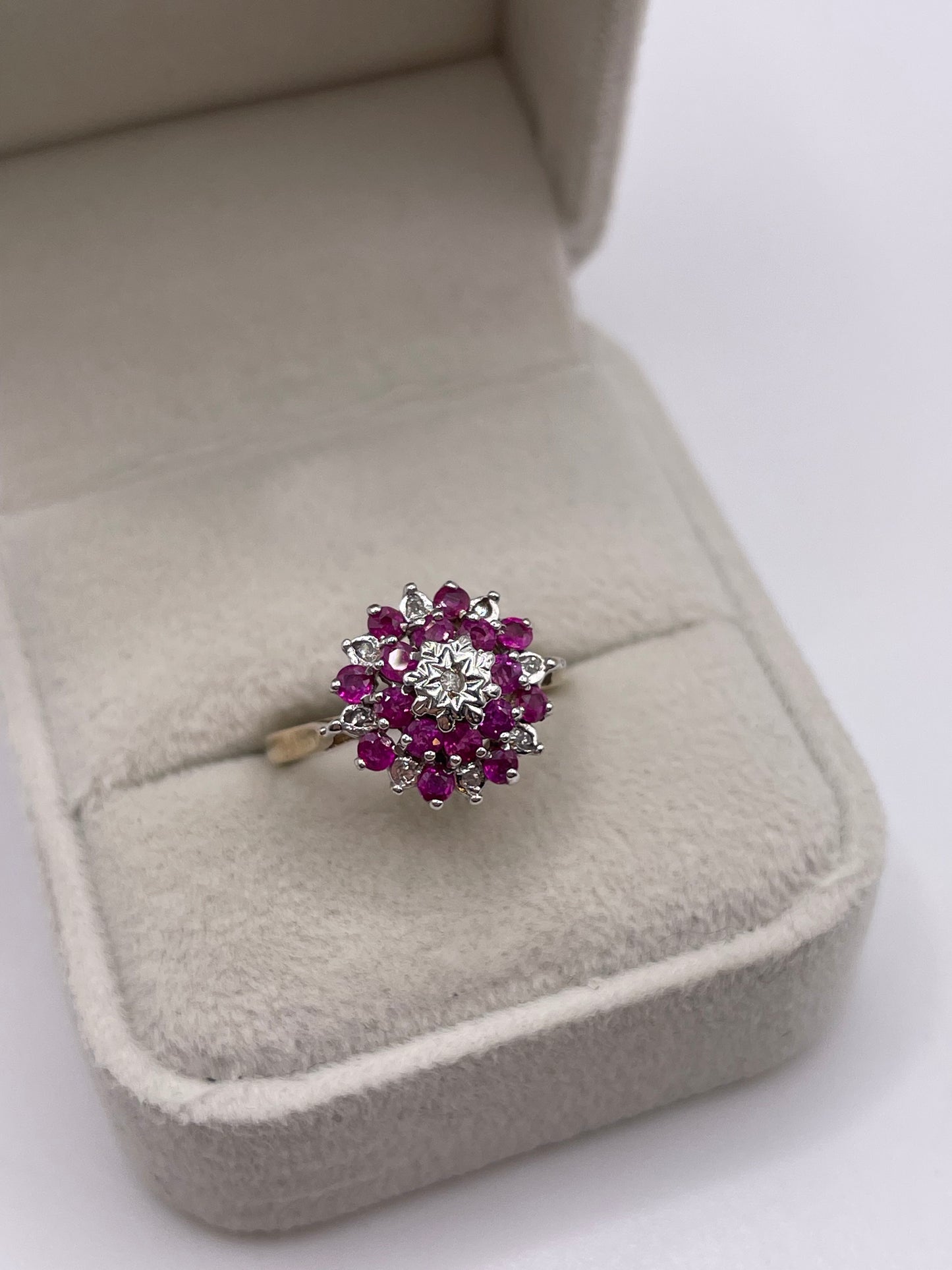 9ct gold ruby and diamond cluster ring