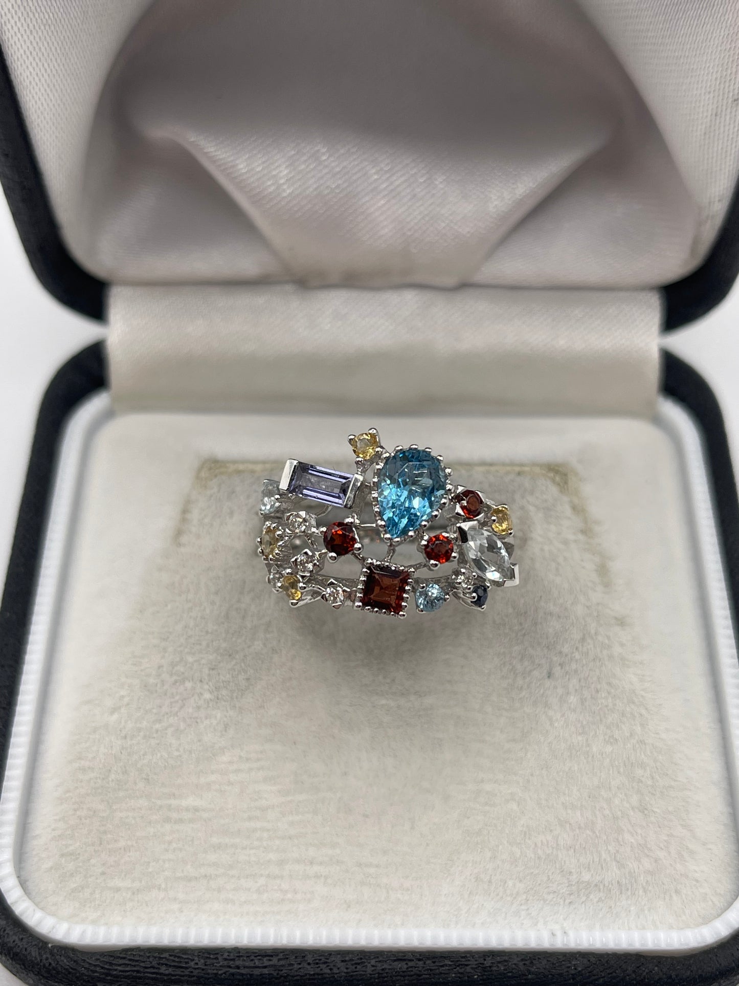 14ct white gold multi gemstone and diamond ring