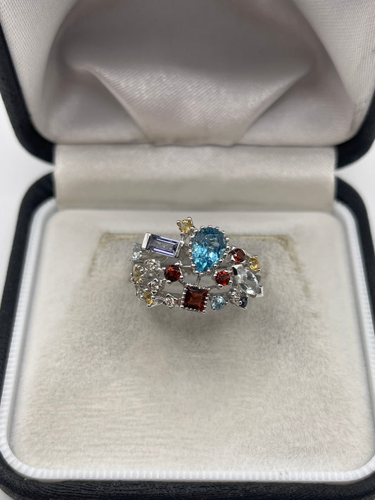 14ct white gold multi gemstone and diamond ring
