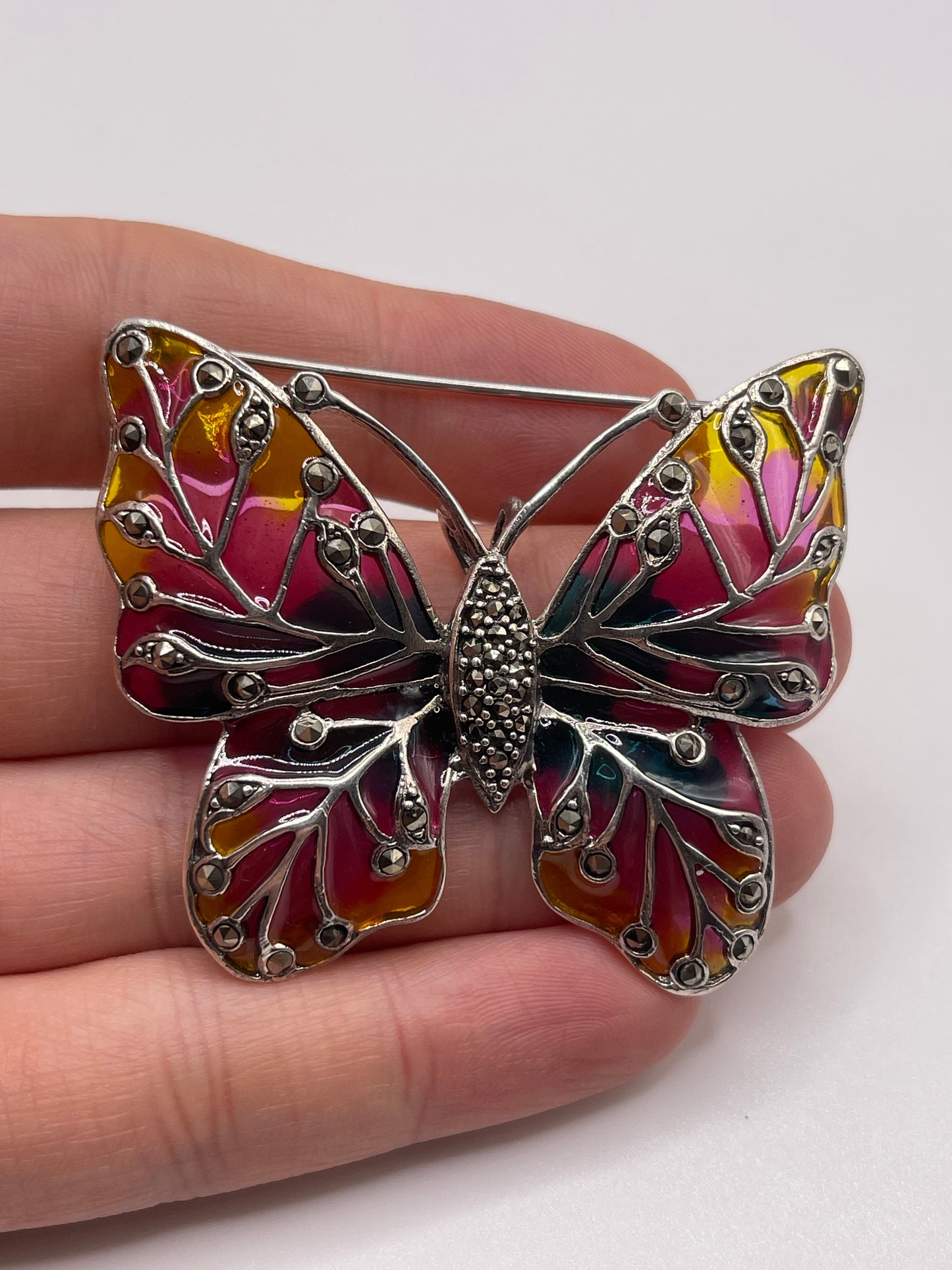 Silver enamel and marcasite butterfly pendant/brooch