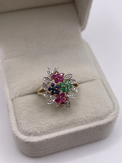 9ct gold ruby, emerald, sapphire and diamond ring