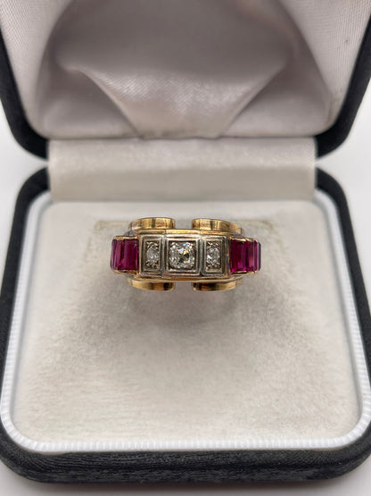 14ct gold synthetic ruby and diamond tank ring