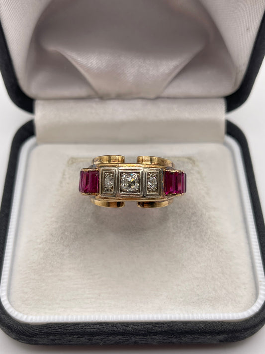 14ct gold synthetic ruby and diamond tank ring